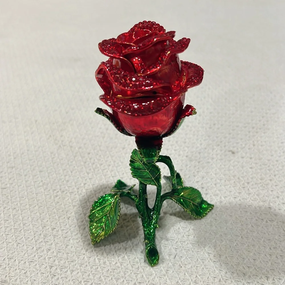 Elegant Red and Green Metal faberge style Rose , secret jewelry storage, NWB